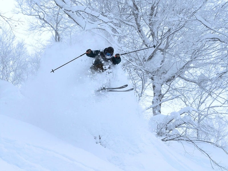 Skier exploding through deep powder